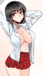 Rule 34 | 00s, 1girl, arms up, black eyes, black hair, blush, breasts, cleavage, cosaten, cowboy shot, highres, large breasts, looking at viewer, miniskirt, open clothes, open shirt, pleated skirt, school rumble, shirt, simple background, skirt, smile, solo, standing, suou mikoto (school rumble), sweatdrop