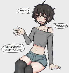 Rule 34 | 1other, ahoge, androgynous, black choker, black eyes, black hair, black nails, black thighhighs, blush, bra strap, choker, denim, denim shorts, earrings, english text, grey background, grey shirt, hand up, highres, jewelry, long sleeves, messy hair, midriff, nail polish, navel, off-shoulder shirt, off shoulder, original, shirt, short hair, short shorts, shorts, simple background, sitting, snale, speech bubble, thighhighs, thighs