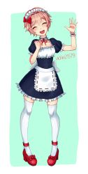 Rule 34 | 1girl, :d, ^ ^, alternate costume, ankle strap, bow, closed eyes, commentary, doki doki literature club, english commentary, enmaided, closed eyes, facing viewer, footwear bow, full body, green background, hair bow, hand up, high heels, highres, maid, maid headdress, open mouth, pink hair, puffy short sleeves, puffy sleeves, red bow, sayori (doki doki literature club), short hair, short sleeves, simple background, smile, solo, thighhighs, vickie (cryingrobot), waving, white thighhighs, wrist cuffs, zettai ryouiki