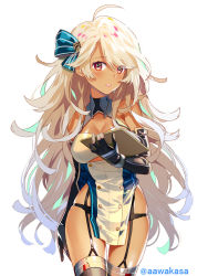 Rule 34 | 1girl, ahoge, azur lane, bare shoulders, black gloves, blonde hair, blush, bow, breasts, brooklyn (azur lane), buttons, cleavage, commentary request, dark-skinned female, dark skin, double-breasted, elbow gloves, garter belt, garter straps, gloves, hand up, hip focus, large breasts, long hair, looking at viewer, messy hair, open mouth, panties, pelvic curtain, red eyes, ryuuki (hydrangea), simple background, skindentation, solo, swept bangs, tan, thigh gap, thighhighs, twitter username, underwear, very long hair, wavy hair, white background