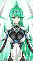 Rule 34 | 1girl, 2019, armor, artist name, blush, breasts, dated, earrings, elbow gloves, female focus, gem, gloves, green eyes, green hair, hair ornament, headpiece, highres, hisin, jewelry, large breasts, long hair, looking at viewer, matching hair/eyes, mechanical wings, nintendo, pneuma (xenoblade), ponytail, shoulder armor, signature, simple background, smile, solo, spoilers, swept bangs, thigh strap, tiara, very long hair, white background, wings, xenoblade chronicles (series), xenoblade chronicles 2