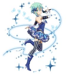 Rule 34 | 10s, 1girl, ;), blue bow, blue footwear, blue hair, blue shirt, boots, bow, breasts, from side, full body, green eyes, hair bow, hair ribbon, high heel boots, high heels, holding, holding microphone, idol, layered skirt, leg up, looking at viewer, microphone, one eye closed, ribbon, shirt, short hair with long locks, sidelocks, simple background, sinon, skirt, small breasts, smile, solo, standing, striped clothes, striped thighhighs, sword art online, thighhighs, vertical-striped clothes, vertical-striped thighhighs, white background, white ribbon