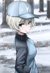 Rule 34 | 1girl, baseball cap, blue eyes, blue hat, blue jacket, closed mouth, commentary, day, girls und panzer, hand in pocket, hat, highres, jacket, keizoku military uniform, kk90, light frown, long sleeves, looking at viewer, military, military uniform, mouth hold, outdoors, raglan sleeves, short hair, silver hair, snow, solo, standing, toothpick, track jacket, tree, uniform, upper body, youko (girls und panzer)