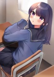 Rule 34 | 1girl, black hair, black sailor collar, black skirt, blue sweater, blush, chair, commentary request, day, desk, from behind, hand up, highres, indoors, long hair, long sleeves, looking at viewer, looking back, minami saki, on chair, original, parted lips, pleated skirt, purple eyes, sailor collar, school chair, school desk, school uniform, serafuku, sitting, skirt, sleeves past wrists, solo, sunlight, sweater, window