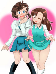 Rule 34 | 2girls, blue eyes, blush, breasts, brown hair, clothes lift, commentary request, dress, female focus, gegege no kitarou, graphite (medium), hair ornament, hairclip, inuyama mana, lifting own clothes, looking at viewer, millipen (medium), multiple girls, one eye closed, onnaski, open mouth, short hair, short ponytail, skirt, skirt lift, smile, tendou yumeko, traditional media, wink