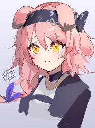 Rule 34 | 1girl, animal ears, arknights, black choker, black hairband, blush, braid, cat ears, choker, closed mouth, commentary, cropped torso, dated, english commentary, goldenglow (arknights), grey background, hair between eyes, hair over shoulder, hairband, highres, kobutanori, lightning bolt print, long hair, pink hair, print hairband, signature, simple background, single braid, solo, sweat, tears, upper body, yellow eyes