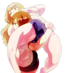 Rule 34 | 2girls, ass, bad id, bad pixiv id, blonde hair, breasts, brown eyes, brown hair, buruma, carrying, isaki, large breasts, long hair, multiple girls, open mouth, original, short hair, shoulder carry, simple background, sweat, tears, torture rack, white background, wrestling, yellow eyes