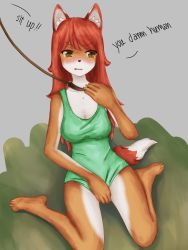 Rule 34 | 1girl, angry, animal ears, bare legs, blush, breasts, brown eyes, brown hair, burnhum666, cleavage, collar, collarbone, covering privates, covering crotch, fangs, fox ears, fox girl, fox tail, furry, furry female, green tank top, highres, humiliation, kneeling, leash, slave, solo, speech bubble, spread legs, tail, tank top, terraria, zoologist (terraria)