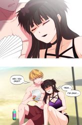 Rule 34 | 1girl, absurdres, beach, comic, english text, fan, goth fashion, gothic, highres, leaning on person, male swimwear, merryweather, one-piece swimsuit, ophelia (merryweather), original, purple one-piece swimsuit, red male swimwear, red swim trunks, shorts, source request, swim trunks, swimsuit, umbrella