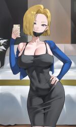 Rule 34 | 1girl, android 18, black dress, black surgical mask, blonde hair, blue cardigan, blue eyes, bob cut, breasts, cardigan, cellphone, cleavage, covered navel, cowboy shot, dongtan dress, dragon ball, dragonball z, dress, hand on own hip, highres, hood (james x), large breasts, long sleeves, mask, meme attire, mouth mask, navel, phone, selfie, short hair, smartphone, smile, solo, surgical mask, tight clothes, tight dress