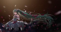 Rule 34 | 1girl, absurdly long hair, ahoge, blush, bow, brown eyes, dress, elbow gloves, floating hair, gloves, green hair, grey dress, hair between eyes, hair bow, hatsune miku, highres, long dress, long hair, miku symphony (vocaloid), petals, pink bow, skirt hold, sleeveless, sleeveless dress, solo, sparkle, stage, standing, strapless, strapless dress, tako8873, twintails, very long hair, vocaloid, wedding dress, white gloves
