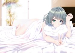 Rule 34 | 10s, 1girl, ass, bed, bed sheet, blue eyes, blurry, brown hair, depth of field, green eyes, heterochromia, highres, idolmaster, idolmaster cinderella girls, indoors, infinote, looking at viewer, lying, mole, mole under eye, naked sheet, nude, on bed, on stomach, pillow, short hair, smile, solo, takagaki kaede, v