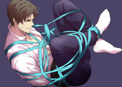 Rule 34 | 10s, 1boy, arms behind back, bdsm, blue background, brown hair, hair intakes, heshikiri hasebe, crossed legs, male focus, muscular, naughty face, open clothes, open shirt, pectorals, restrained, rope, shibari, shibari over clothes, shirt, simple background, socks, solo, touken ranbu, zawar379