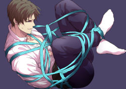 10s 1boy arms_behind_back bdsm blue_background brown_hair hair_intakes heshikiri_hasebe crossed_legs male_focus muscular naughty_face open_clothes open_shirt pectorals restrained rope shibari shibari_over_clothes shirt simple_background socks solo touken_ranbu zawar379