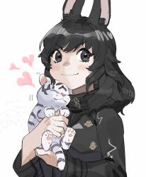 Rule 34 | 1boy, :3, black coat, black eyes, black hair, blush, blush stickers, byakko (ff14), closed mouth, coat, cub, final fantasy, final fantasy xiv, gg dal, heart, holding, long hair, long sleeves, looking at viewer, male focus, simple background, smile, smug, solo, tiger, upper body, viera, white background