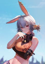 Rule 34 | 1girl, :3, absurdres, alucard pie, animal ears, arm belt, bare shoulders, black gloves, blue sky, breasts, cleavage, closed mouth, commentary request, ear piercing, elbow gloves, fish skeleton, gloves, grey hair, hair between eyes, hand on arm, highres, jewelry, looking at viewer, medium breasts, medium hair, multiple rings, orange shirt, original, outdoors, piercing, rabbit ears, rabbit girl, red eyes, ring, see-through, see-through cleavage, shirt, single elbow glove, single glove, sky, sleeveless, sleeveless shirt, solo, stomach, upper body