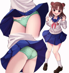 Rule 34 | 1girl, absurdres, ass, black footwear, blue sailor collar, blue skirt, blush, bow, bow panties, brown hair, claw pose, clothes lift, commentary request, commission, crotch seam, double bun, emblem, green panties, grey sweater, hair bun, hair ribbon, highres, idolmaster, idolmaster cinderella girls, kotani (dainanumi), loafers, long sleeves, looking at viewer, medium hair, miniskirt, multiple views, munakata atsumi, neckerchief, open mouth, panties, pantyshot, partial commentary, pleated skirt, polka dot, polka dot panties, purple eyes, red neckerchief, red ribbon, ribbon, sailor collar, school uniform, serafuku, shoes, simple background, skeb commission, skirt, skirt lift, smile, socks, standing, sweater, underwear, v-neck, variant set, wavy mouth, white background, white socks, wind, wind lift