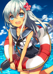 Rule 34 | 10s, 1girl, bad id, bad pixiv id, highres, kantai collection, lifebuoy, looking at viewer, moriki, one-piece swimsuit, open mouth, ro-500 (kancolle), smile, solo, swim ring, swimsuit, swimsuit under clothes, tan, tanline, torpedo, water
