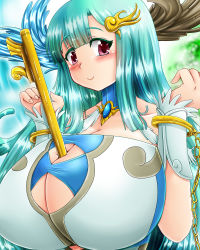 Rule 34 | aqua hair, ars paulina (p&amp;d), baroque20320514fu, between breasts, blush, breasts, cleavage, cleavage cutout, clothing cutout, huge breasts, looking at viewer, purple eyes, puzzle &amp; dragons, smile