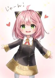 Rule 34 | 1girl, ahoge, anya (spy x family), eden academy school uniform, gold trim, green eyes, happy, heart, highres, long sleeves, looking at viewer, medium hair, open mouth, pink background, pink hair, school uniform, shironeko yuuki, simple background, sleeves past wrists, smile, solo, spy x family, teeth, upper teeth only
