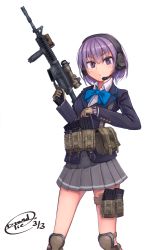 Rule 34 | 1girl, ammunition pouch, asato miyo, assault rifle, bad id, bad pixiv id, dreadtie, gloves, gun, headset, highres, holding, holding gun, holding weapon, knee pads, laser sight, little armory, load bearing vest, m4 carbine, magazine (weapon), original, pouch, purple eyes, purple hair, rifle, scope, short hair, solo, tomytec, trigger discipline, vertical forward grip, watch, weapon