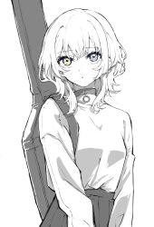 Rule 34 | 1girl, absurdres, bang dream!, bang dream! it&#039;s mygo!!!!!, blue eyes, breasts, choker, closed mouth, commentary request, cowboy shot, earrings, greyscale, heterochromia, highres, instrument case, instrument on back, jewelry, kaname raana, long sleeves, looking at viewer, medium hair, monochrome, nuruponnu, pleated skirt, shirt, shirt tucked in, simple background, skirt, small breasts, solo, spot color, white background, wolf cut, yellow eyes