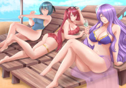 Rule 34 | 3girls, absurdres, ass, barefoot, beach, beruka (fire emblem), bikini, bikini skirt, blue hair, breasts, camilla (fire emblem), cleavage, cup, drinking glass, eyewear on head, feet, female focus, fire emblem, fire emblem fates, fire emblem heroes, headband, highleg, highleg swimsuit, highres, holding, holding cup, large breasts, long hair, lying, medium breasts, midriff, multiple girls, nail polish, navel, nintendo, on stomach, one-piece swimsuit, purple hair, red hair, rinku bny, severa (fire emblem), short hair, sunbathing, sunglasses, sunglasses on head, swimsuit, thighlet, toes, twintails