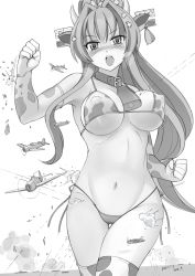 Rule 34 | 1girl, aircraft, airplane, animal ears, animal print, bell, bikini, blush, breasts, collar, covered erect nipples, cow ears, cow horns, cow print, cow print bikini, dated, elbow gloves, giant, giantess, gloves, greyscale, headgear, highres, horns, kantai collection, large breasts, long hair, monochrome, navel, neck bell, open mouth, print bikini, seo tatsuya, solo, swimsuit, thighhighs, twitter username, yamato (kancolle)