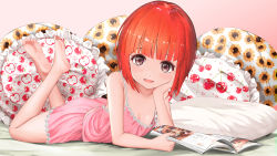 Rule 34 | 1girl, absurdres, akai ringo (ookami-san), apple print, babydoll, bare legs, barefoot, brown eyes, cherry print, commentary request, commission, crossed ankles, feet, feet up, flat chest, floral print, food print, frilled pillow, frills, gibun (sozoshu), hand on own cheek, hand on own face, highres, looking at viewer, lying, on bed, on stomach, ookami-san, open magazine, open mouth, pillow, pink babydoll, pink shorts, pixiv commission, print pillow, red hair, revision, short hair, shorts, smile, soles, solo, sunflower print, tareme, the pose