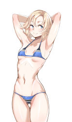 Rule 34 | 1girl, armpits, arms behind head, ayakumo, bikini, blonde hair, blue bikini, blue eyes, breasts, cowboy shot, gluteal fold, highres, janus (kancolle), kantai collection, parted bangs, short hair, simple background, small breasts, smile, solo, swimsuit, white background