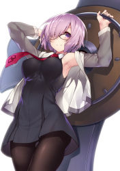 Rule 34 | 1girl, adapted costume, alternate costume, armpits, arms up, breasts, collared shirt, dress, fate/grand order, fate (series), from below, glasses, gluteal fold, hair over one eye, holding, holding shield, hood, hoodie, kodama yuu, large breasts, looking at viewer, mash kyrielight, necktie, pantyhose, purple eyes, purple hair, shield, shirt, short hair, simple background, sleeveless, sleeveless dress, sleeveless shirt, smile, solo, white background, white shirt