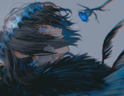 Rule 34 | 1boy, au (d elete), black feathers, black hair, blue eyes, blue flower, blue hair, bug, chromatic aberration, crown, crying, crying with eyes open, eyelashes, fate/grand order, fate (series), feathers, flower, flying, frills, from side, fur trim, glowing, glowing eyes, grey background, male focus, medium hair, multicolored hair, oberon (fate), oberon (third ascension) (fate), portrait, signature, simple background, solo, spoilers, tears, thistle, twitter username, wide-eyed