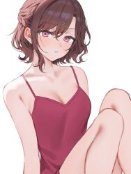 Rule 34 | 1girl, bare shoulders, braid, brown hair, camisole, collarbone, hair ornament, hairclip, half updo, highres, higuchi madoka, idolmaster, idolmaster shiny colors, knees up, looking at viewer, mole, mole under eye, purple eyes, red camisole, short hair, solo, spaghetti strap, white background, yumeme 818