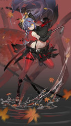Rule 34 | 1girl, absurdres, akafuyu (arknights), arknights, bahao diqiu, belt, black background, black belt, black shirt, breasts, brown eyes, crab, crop top, full body, gradient background, hair between eyes, highres, holding, holding sword, holding weapon, katana, long hair, looking at viewer, medium breasts, midriff, navel, over shoulder, pantyhose, parted lips, purple hair, red background, red pantyhose, scabbard, sheath, shirt, solo, standing, standing on one leg, sword, weapon