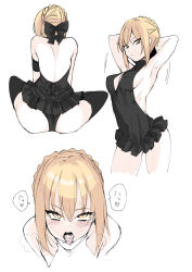 Rule 34 | 1girl, arm strap, armpits, arms up, artoria pendragon (all), artoria pendragon (alter swimsuit rider) (first ascension) (fate), artoria pendragon (fate), ass, back, backless swimsuit, bare back, bare shoulders, black bow, black legwear, black one-piece swimsuit, blonde hair, blush, bow, breasts, casual one-piece swimsuit, covered erect nipples, covered navel, cropped legs, cum, cum in mouth, danimaru, fate/grand order, fate (series), frilled swimsuit, frills, hair bow, hair bun, heart, heavy breathing, highres, looking at viewer, medium breasts, motion lines, multiple views, one-piece swimsuit, open mouth, saber alter, short hair, sideboob, sidelocks, simple background, single hair bun, sitting, speech bubble, spoken heart, sweat, swimsuit, thighs, tongue, tongue out, tsurime, white background, yellow eyes