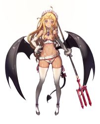 Rule 34 | 1girl, absurdres, bat wings, belt, blonde hair, breasts, bustier, demon girl, demon tail, elbow gloves, full body, gloves, gluteal fold, hand on own hip, highres, holding, long hair, low wings, lowleg, lowleg panties, maid headdress, navel, original, panties, pointy ears, polearm, purple eyes, shoes, small breasts, smile, solo, sseli, standing, tail, thighhighs, toned, transparent background, trident, underwear, underwear only, weapon, white panties, white thighhighs, wings