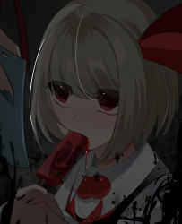 Rule 34 | 2girls, absurdres, ambiguous red liquid, black nails, blonde hair, blue nails, blush, bow, collared shirt, commentary request, dark, darkness, fang, food, full-face blush, gotamashii, highres, multiple girls, nail polish, popsicle, red bow, red eyes, rumia, shirt, short hair, sitting, tanabata, tanzaku, tearing up, touhou