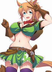 Rule 34 | 1girl, :d, animal ears, bare shoulders, belt, blue eyes, blush, boots, breasts, brown belt, brown footwear, brown gloves, brown hair, cleavage, commentary request, cowboy boots, cowboy hat, cowboy shot, crop top, gloves, green shirt, green skirt, groin, gun, hair between eyes, hair ornament, handgun, hands up, hat, hat on back, highres, holstered, horse ears, horse girl, horse tail, jumping, large breasts, long hair, looking at viewer, midriff, navel, off-shoulder shirt, off shoulder, open mouth, partial commentary, pistol, pleated skirt, ponytail, purple thighhighs, red scarf, scarf, sheriff badge, shirt, sidelocks, simple background, skindentation, skirt, smile, solo, star (symbol), star hair ornament, star print, taiki shuttle (umamusume), tail, teeth, thighhighs, umamusume, umasan, upper teeth only, v, weapon, white background, zettai ryouiki