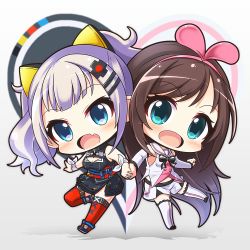 Rule 34 | 2girls, :d, bare shoulders, black dress, black footwear, blue eyes, blush, breasts, brown hair, chibi, cleavage, cleavage cutout, clothing cutout, commentary request, crossover, detached sleeves, dress, fang, hair ornament, hairband, head tilt, holding hands, interlocked fingers, kaguya luna, kizuna ai, kizuna ai inc., long hair, long sleeves, looking at viewer, medium breasts, multiple girls, obi, open mouth, pink hairband, pink ribbon, red legwear, ribbon, sash, shachoo., shirt, shoes, short shorts, shorts, sidelocks, silver hair, sleeveless, sleeveless dress, sleeveless shirt, smile, the moon studio, thighhighs, twintails, very long hair, virtual youtuber, white legwear, white shirt, white shorts