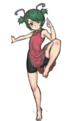 Rule 34 | 1girl, alternate hairstyle, antennae, armpits, barefoot, bike shorts, china dress, chinese clothes, dress, feet, female focus, fighting stance, full body, green eyes, green hair, kuro suto sukii, leg up, matching hair/eyes, short hair, short twintails, simple background, solo, standing, standing on one leg, touhou, twintails, white background, wriggle nightbug