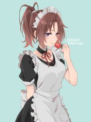 10s 1girl alternate_costume apron aqua_background arm_behind_back blue_background blush brown_hair choker collarbone cowboy_shot english_text enmaided female_focus food fruit hibike!_euphonium highres holding holding_food holding_fruit light_smile long_hair maid maid_apron maid_headdress musshu_(omu001) nakagawa_natsuki purple_eyes ribbon school_uniform simple_background solo strawberry text_focus