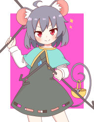 Rule 34 | 1girl, ahoge, animal ears, basket, blush, capelet, dowsing rod, dress, grey hair, highres, holding, jewelry, long sleeves, looking at viewer, mouse ears, mouse tail, nazrin, nihohohi, purple background, red eyes, shirt, short hair, simple background, smile, solo, standing, tail, touhou, v-shaped eyebrows