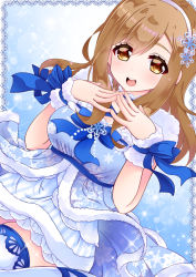Rule 34 | 1girl, :d, blue bow, blue bowtie, blue dress, blue ribbon, border, bow, bowtie, brown eyes, brown hair, choker, dress, fur-trimmed dress, fur trim, hair ornament, hairband, highres, kunikida hanamaru, lace, lace border, long hair, looking at viewer, love live!, love live! school idol festival, love live! sunshine!!, mikimo nezumi, open mouth, ornate border, ribbon, smile, snowflake hair ornament, snowflake print, solo, sparkle, steepled fingers, thighhighs, wrist ribbon, wristband