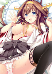 Rule 34 | 10s, 1girl, ahoge, bare shoulders, bed sheet, black thighhighs, blush, breasts, brown hair, cum, cum on body, cum on breasts, cum on hair, cum on lower body, cum on upper body, detached sleeves, double bun, frilled pillow, frills, hair bun, hairband, headgear, japanese clothes, kantai collection, kongou (kancolle), long hair, looking at viewer, lying, natsume eri, nipples, on back, open mouth, pillow, skirt, smile, solo, spread legs, thighhighs