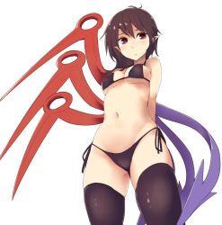 Rule 34 | 1girl, arms behind back, asymmetrical wings, bikini, black bikini, black hair, black ribbon, black thighhighs, blush, breasts, cleavage, closed mouth, collarbone, cowboy shot, expressionless, from below, highleg, highleg bikini, houjuu nue, kamukamu (ars), legs apart, looking at viewer, looking down, navel, pointy ears, red eyes, ribbon, short hair, side-tie bikini bottom, simple background, skindentation, solo, standing, stomach, swimsuit, tareme, thighhighs, thighs, touhou, white background, wings