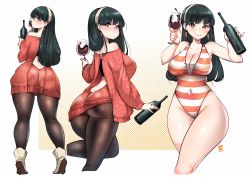Rule 34 | 1girl, alcohol, bottle, breasts, cup, dress, drinking glass, hairband, highres, kenron toqueen, large breasts, off-shoulder sweater, off shoulder, red wine, solo, spy x family, sweater, sweater dress, white hairband, wine, wine bottle, wine glass, yor briar