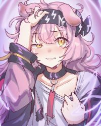 Rule 34 | 1girl, animal ears, arknights, black bow, black choker, black hairband, black jacket, blush, bow, cat ears, choker, clenched teeth, collarbone, crying, crying with eyes open, electricity, goldenglow (arknights), grey shirt, hair bow, hairband, hand on own head, highres, jacket, lightning bolt print, long hair, long sleeves, looking at viewer, messy hair, open clothes, open jacket, parted lips, pink hair, sher (imnotsher), shirt, solo, tears, teeth, upper body, yellow eyes