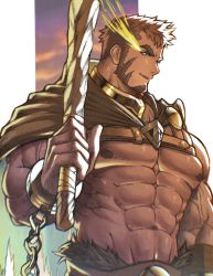 Rule 34 | 1boy, abs, bara, brown cape, brown hair, cape, chain, chest harness, club (weapon), facial hair, flaming eye, goatee, harness, heracles (housamo), highres, large pectorals, long sideburns, ma am 00, male focus, muscular, muscular male, nipples, pectorals, short hair, sideburns, simple background, skindentation, solo, tokyo houkago summoners, two-tone cape, weapon