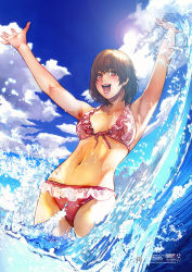 Rule 34 | 1girl, absurdres, armpits, arms up, bikini, brown hair, cloud, day, highres, hokoodo, lens flare, lips, navel, open mouth, original, red eyes, short hair, sky, smile, solo, sun, swimsuit, water