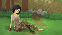 Rule 34 | 1girl, andrea (army gals), army gals, ass, black hair, breasts, dirty, female focus, forest, full body, green eyes, highres, nature, outdoors, plant, sitting, solo, tree